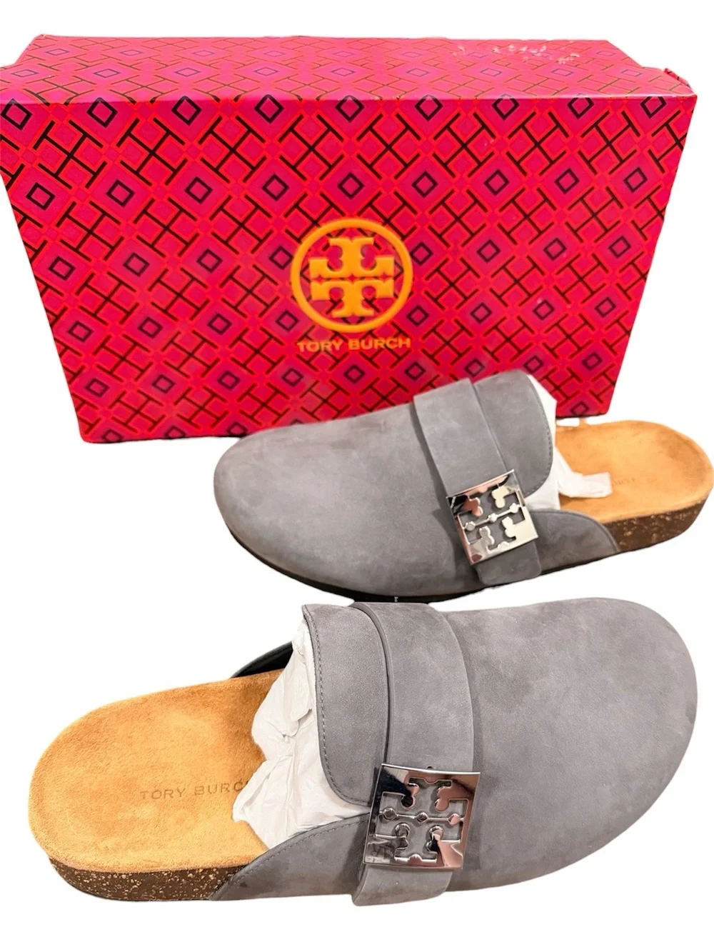Tory Burch Mellow Mule Charcoal Gray/Silver Suede Slip-On Clogs NWT 7